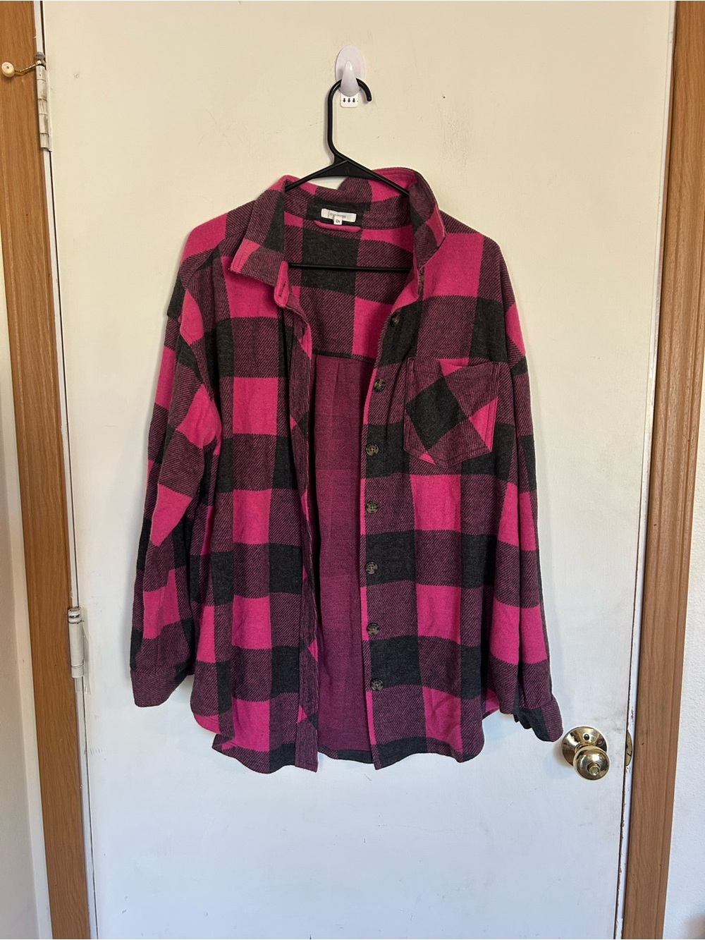 Maurices Pink and Black Plaid Button-Down stretchy Shacket Size 0X Oversided